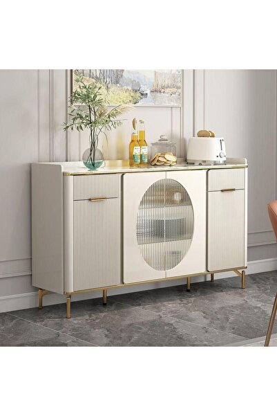 AWD Modern Cream Sideboard Buffet Cabinet with Golden Legs & Glass Doors
