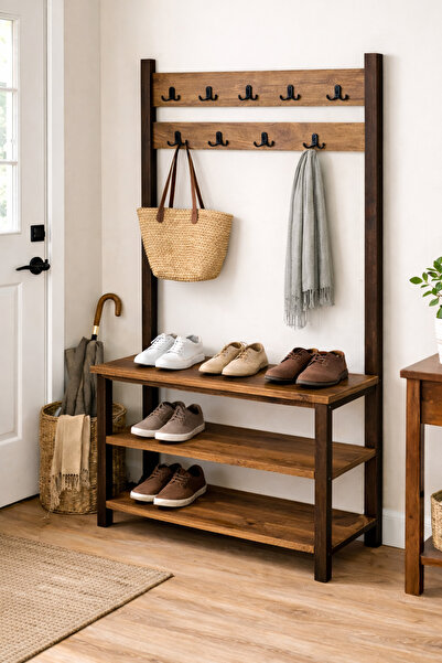 Woodymoda Doğal Ahşap Ceviz Portmanto & Ayakkabılık – 90 cm – 9 Askılı Vestiyer