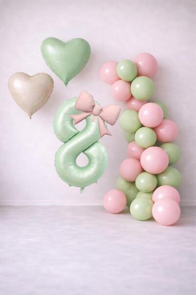 Patladı Gitti Sage Green & Pink 8Th Birthday Balloon Decoration Set