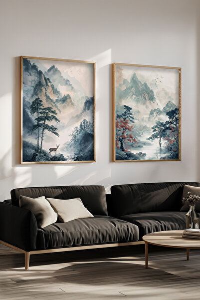 STARYUNA Double Painting Set with Wooden Frame, Featuring Foggy Mountain and ...