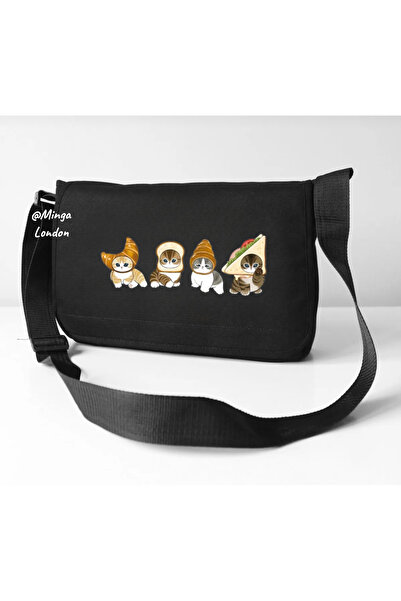 Minga London Black Pocketless Food Cat Printed Messenger Bag -Mingalondon