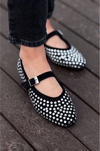 I Love Shoes Orion Women's Ballet Flats Black Suede with Gray Stone Detail