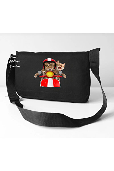 Minga London Black Pocketless Motorcycle Printed Messenger Bag -Mingalondon