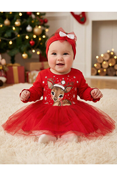 MiniKids Cute Deer Christmas Headband Dress Red 80 (9-12 months)