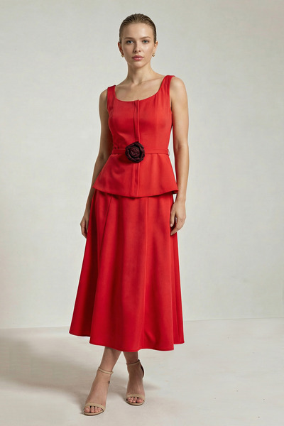 Setre Red Collared Sleeveless Fishtail Midi Dress with Accessory Detail at th...