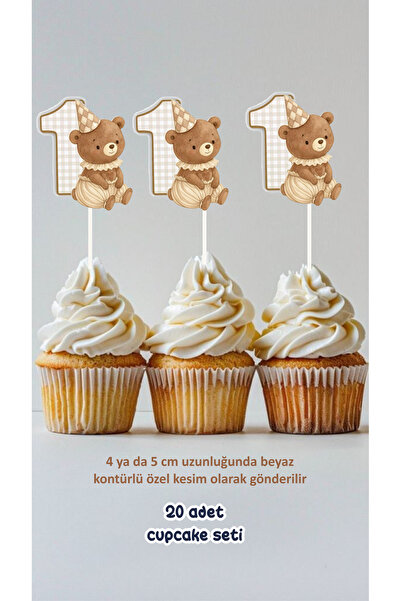 Sinek Kupası Tasarım Kahverengi Ayıcık Temalı Konsept Kürdanlı Cupcake Süsü D...