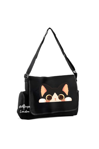 Minga London Geantă neagră tip poștaș cu imprimeu Meow cut și buzunare -minga...
