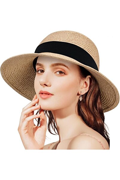 Other Women's Straw Sun Hat - UV Protection, Foldable, One Size, Beige