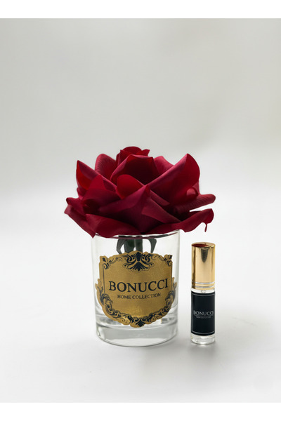 Bonucci Single Rose - Tekli Gold Vazolu Kırmızı Gül Masa Üstü Dekoratif Obje