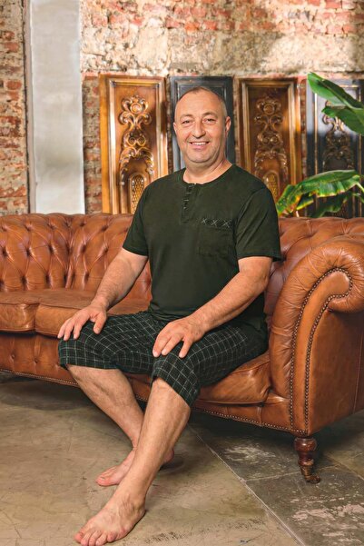 Aydoğan Men's Dinç Large Size Cotton Dark Green Bermuda Pajama Set 0085