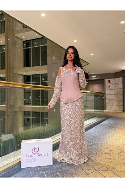 ranin Embroidered evening dress with a plain bodice