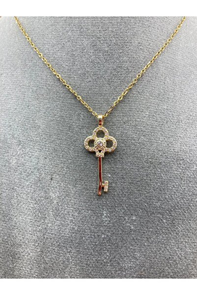 deluxe takı ve giyim Key-Shaped Zircon Stone Sparkling Steel Necklace with Gi...