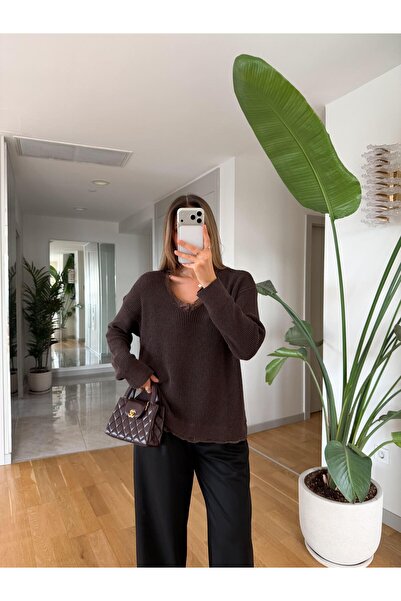 MERVE AKSOY Jenny Yakadan Dantelli Kazak - Kahve