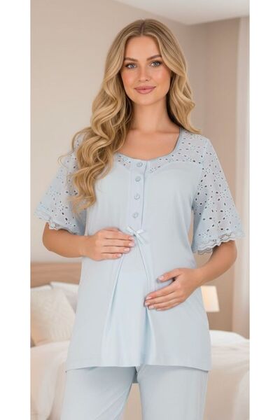 Lohussa New Season Blue Short Sleeve Scallop Linen Detailed Special Design Su...