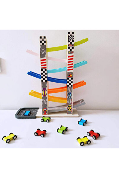 smile toys Pista din Lemn cu 8 Mini Masinute – Circuit de Curse Montessori pentru Copii 3+ Ani