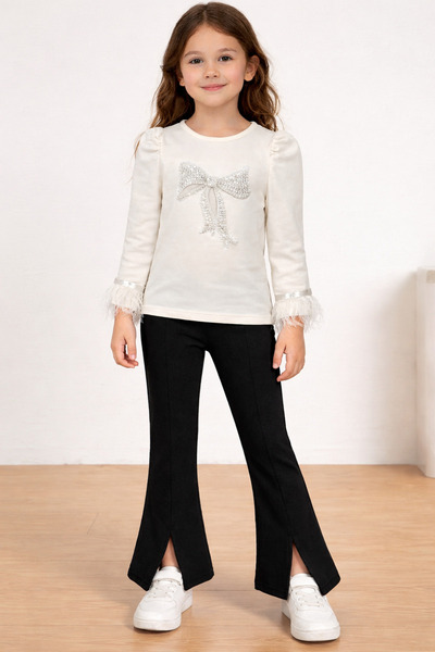 Aselin Kids Комплект за момичета с блуза с каменни детайли и панталони с разр...