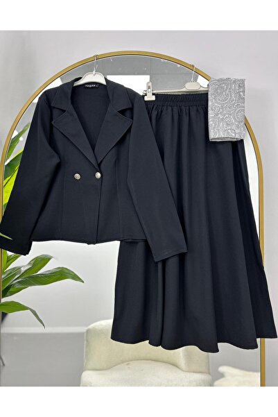 VOLT CLOTHİNG Double-Breasted Collared Jacket Skirt Suit