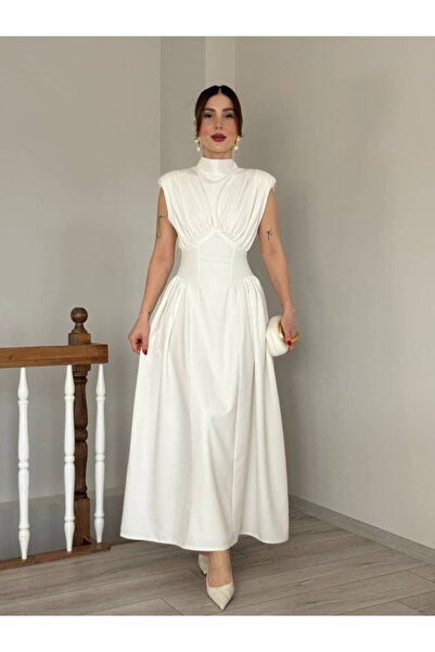 YK FASHION Vatkalı Sırt Bağlamalı Sıfır Kol Elbise