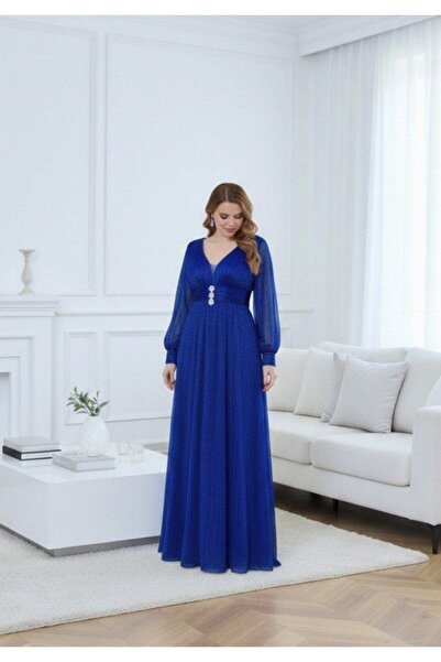 alqarat Aurora Pleated Chiffon Long Sleeve Gown