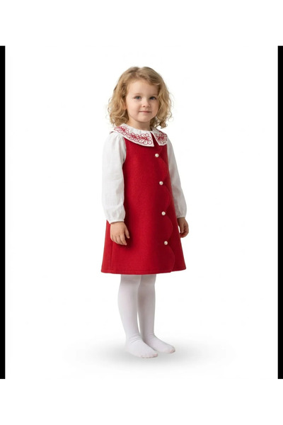MİNİ AURA Uzun kollu kız çocuk kırmızı elbise