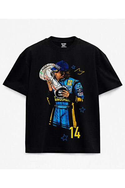 kun inaki Fernando Alonso F1 Baskılı Siyah Unisex Tişört