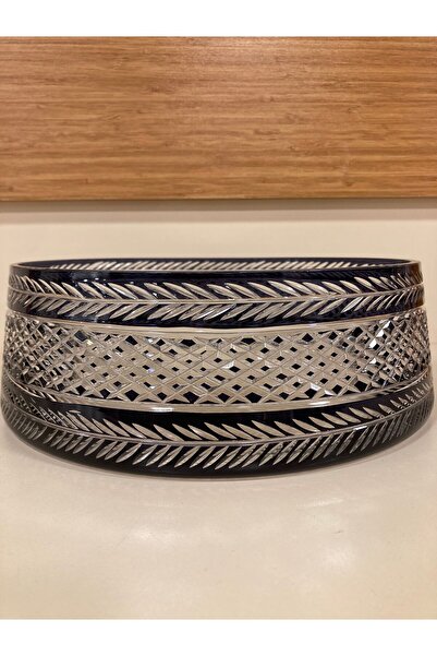 PLUS HOME Salad Bowl Transparent Black Cutting Crystal Glass Handcrafted Roun...