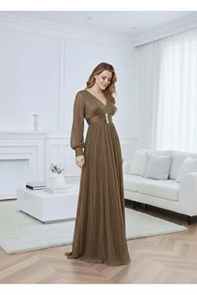 alqarat Aurora Pleated Chiffon Long Sleeve Gown