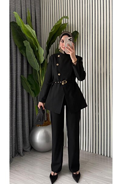 Molly Nelly Kadın Gold Asimetrik Düğmeli Ceketli Kemerli Şık Takım