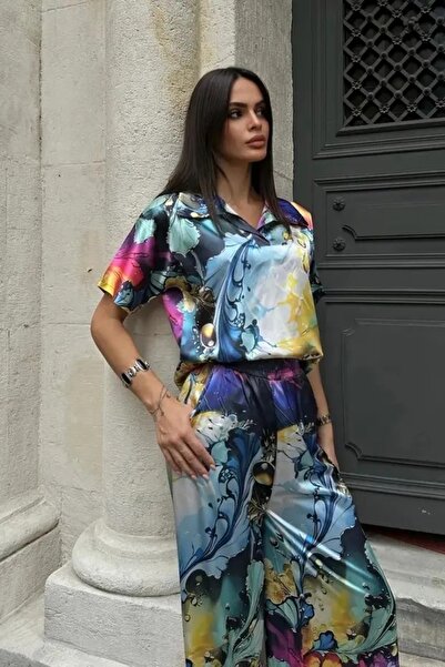 sportiness Wide-Leg Patterned Satin Fabric Shirt and Trousers Set