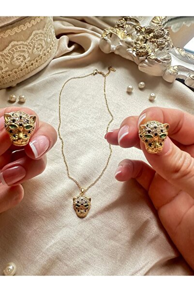 SİDRELLA JEWELRY Çelik VİP Zirkon Taşlı Leopar Tasarım Gold Kadın Kolye&Küpe ...