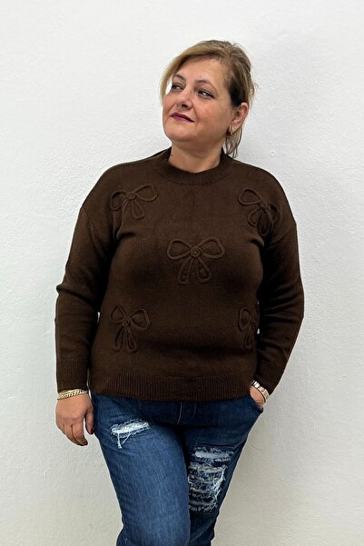 Mia Butik Women's Brown Bowknot Embroidered Knitwear Blouse (Compatible up to...