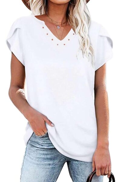Other Women's Blouse, Cotton and Spandex, V-Neck, Short Sleeve, Casual, White...