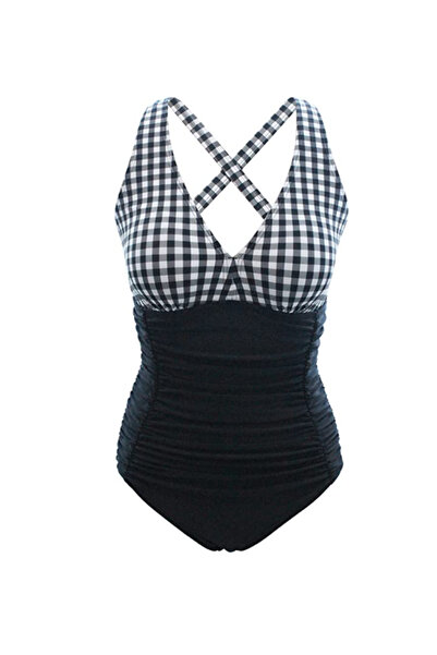 Other Women's Swimsuit - High Waist, Checkered Print, V-Neck - XL, Nylon, Mul...