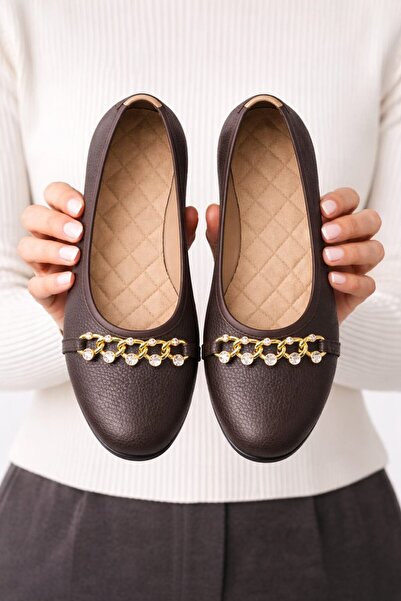 Slipcat Balerini plați cu lanț auriu și detalii din piatră pentru femei – Pan...