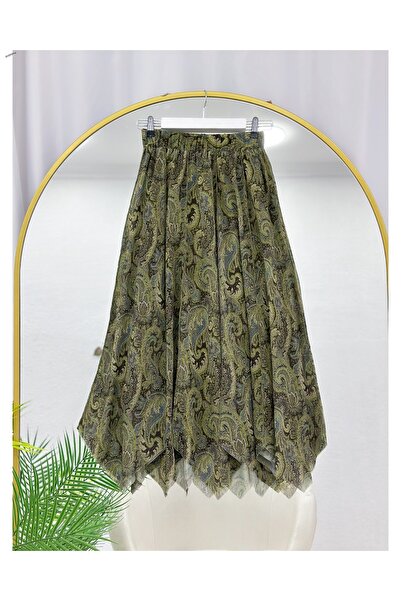 YEDİLALE Asymmetric Cut Shawl Patterned Chiffon Skirt [Lined, 90/95 cm Length]