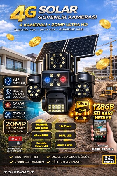 IDS 4 Lens 20MP Ultra HD Tam Kontrol Sim Kartlı Güneş Enerjili Kamera 12xZoom...