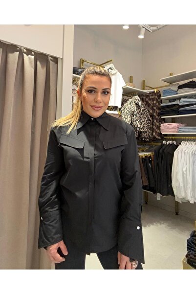 ASL WOMAN Kadın Siyah Cepli Vatkalı Gömlek – Gömlek Yaka Uzun Kollu Asimetrik...