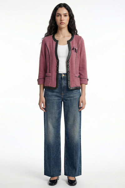 Sementa سترة تريكو من الصوف مع تفاصيل من الجلد الصناعي - وردي - أسود