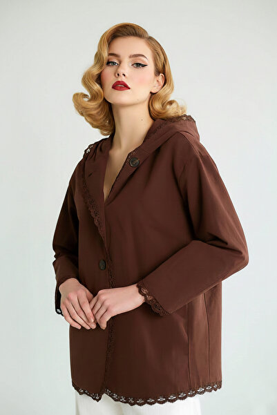 BIGNUANCE Women's Lace Detailed Hooded Brown