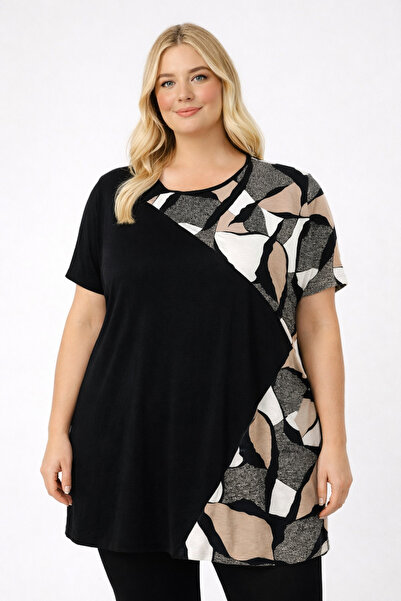 HÜLYA BUTİK Large Size Women's Black Color Cross Stone Pattern Short-Sleeved ...