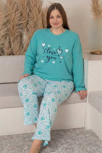 Farya Home Large Size Cotton Patterned Long Sleeve Pajama Set