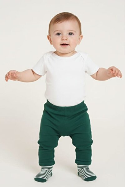 Fuar Baby بنطلون أطفال أولادي أخضر 100% قطن مع جوارب - بنطلون أطفال بخصر مطاط...