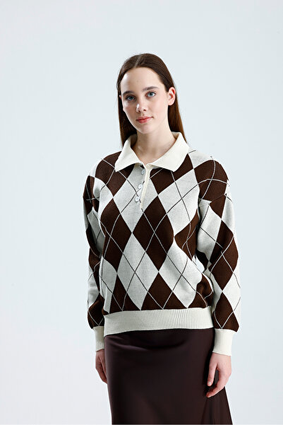 Rawanda Women's Polo Neck Diamond Pattern Knit Sweater