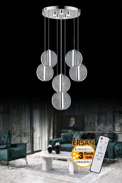 Ersan Avize Lexa 6'li Krom Kumandalı 3 Renk Işık Özellikli Dimmerli Kaplama S...