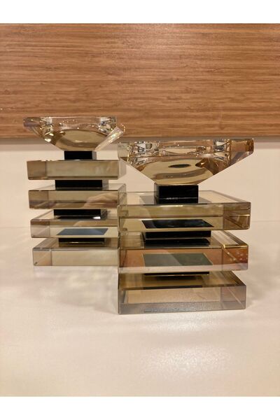 PLUS HOME MUMLUK 2'Lİ ŞAMDAN KRİSTAL KARE MODEL EL İŞÇİLİKLİ RENK BAL SİYAH Y...