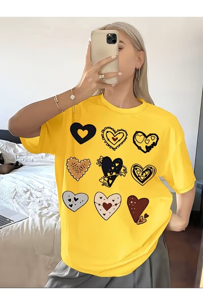 yombaa Colorful Heart Pattern Stylish Printed T-Shirt for Women, Cute and Uni...