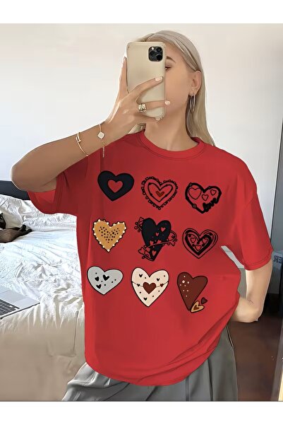 yombaa Colorful Heart Pattern Stylish Printed T-Shirt for Women, Cute and Uni...