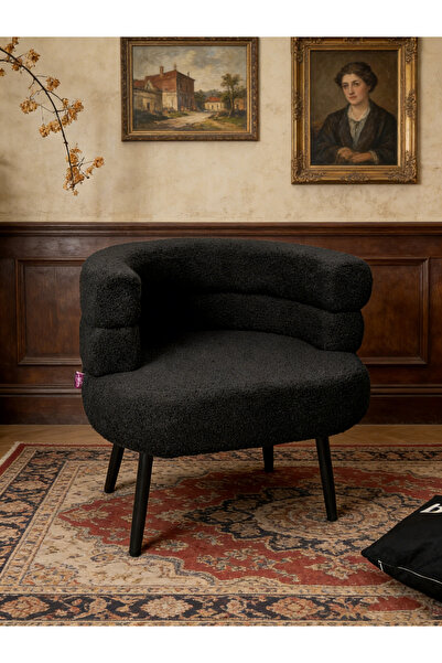 Evatilyoo Black Lamb Velvet Cushion Makeup Chair, Round Barrel Arm Chair, Sin...