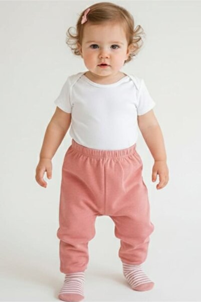 Somon Pembe %100 Pamuk Kendinden Çoraplı Kız Bebek Alt - Patikli Pantolon Beli Lastikli