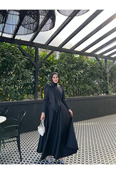 AYŞEYAMAÇLI KADIN SİYAH YAKA DETAYLI PERLA ABİYE ELBİSE